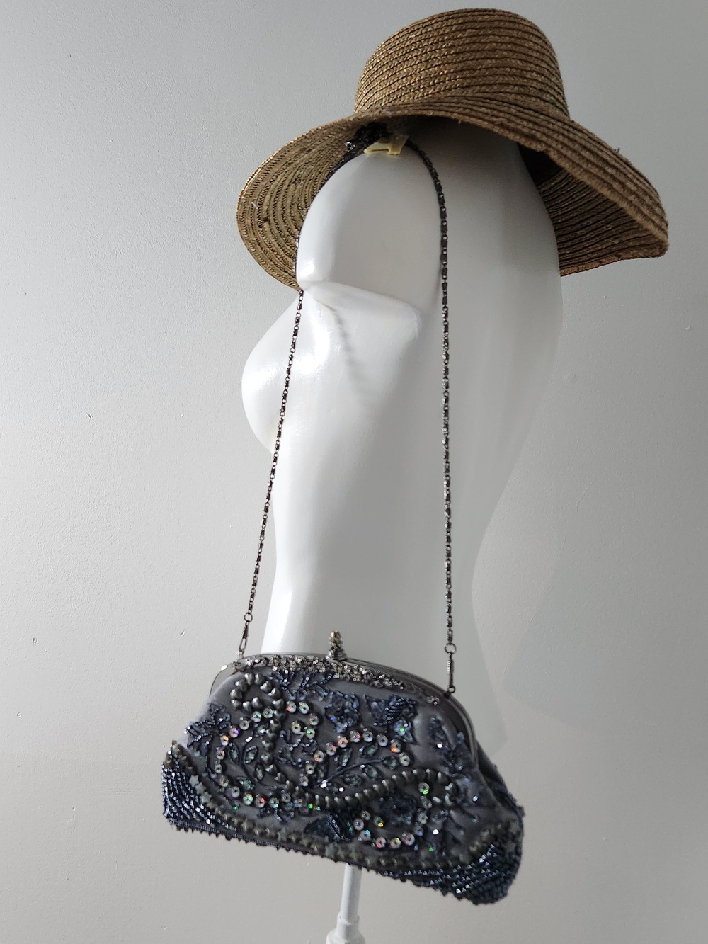 Embellished Gray Silver Evening Clutch Bag with Chain Strap